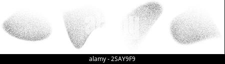 Liquid fading dotted gradient shapes. Black stippled object set. Grainy spray spots and stains. Noise splashes and splatters forms. Dissolve sand dust texture. Vector abstract fluid halftone elements Stock Vector