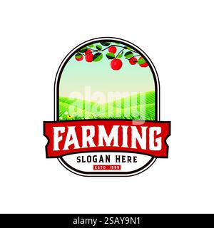 A vintage logo featuring an apple tree over a green field. Stock Vector