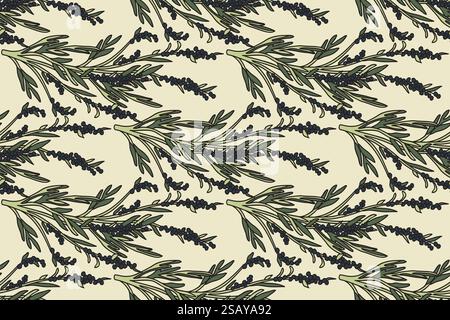 Botanical olive plant branches with leaves and berries abstract seamless pattern vector illustration. Repeating Olive tree in beige colors background. Stock Vector