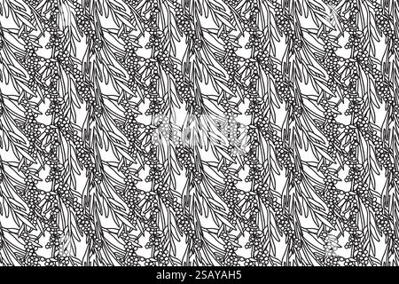 Line art olive plant branches with leaves and berries abstract seamless pattern vector illustration. Black and white outline botanical repeating Olive Stock Vector