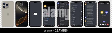 Discord screen in gray Iphone 16 pro. Discord mobile application from Microsoft Corporation on a smartphone. Set social network mockup template on iso Stock Vector