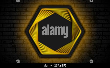 Golden hexagons on black brick wall with luminous neon lights abstract retro background. Vector design Stock Vector
