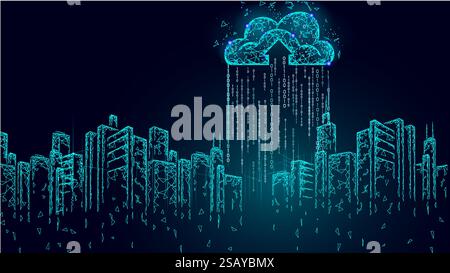 Cloud computing city skyline. Data rain digital city. Technology business solutions. Low poly wireframe neon style Stock Vector