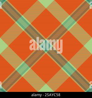 Plaid check tartan of background textile vector with a seamless fabric pattern texture in orange and green colors. Stock Vector