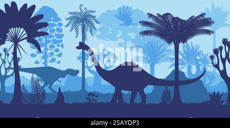 Prehistoric dinosaurs silhouettes in tropical jungle forest with plants. Vector blue background with sauropod and predator dino species alongside with Stock Vector
