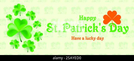 Saint Patrick's Day Web Banner with Green Shamrock Leaf Pattern Background. Happy St. Patrick Day Irish Traditional Holiday Banner, Poster, Isolated Stock Vector