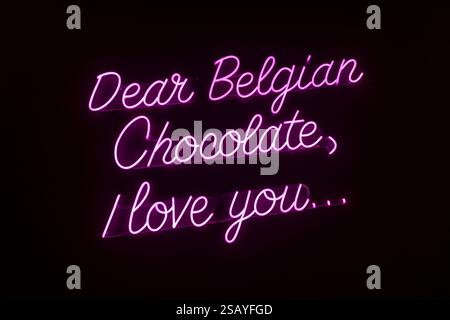 Neon sign with pink letters saying: Dear Belgian Chocolate, I love you. Antwerp, Belgium. Stock Photo