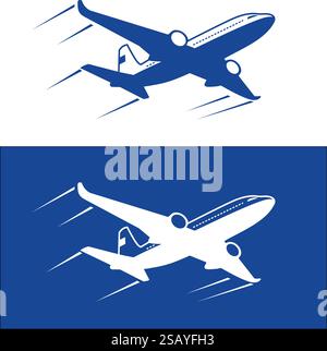 Airplane in blue sky icon. Plane silhouette on transparent and blue background Stock Vector