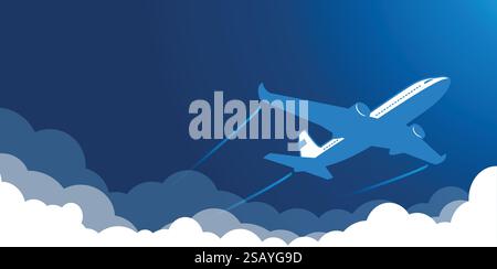 Airplane in the blue sky flying above the clouds. Vector background template for webpage header, travel advertisement Stock Vector
