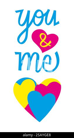 Valentine’s Day Love Illustration – You & Me in Beautiful Handwritten Typography with Floating Hearts for Couples and Romantic Designs Stock Vector
