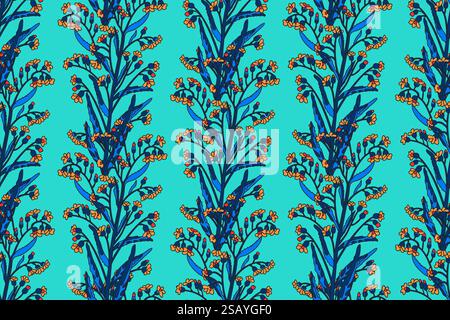 Botanical abstract seamless plant pattern with wildflowers vector illustration. Repeating retro floral print in neon blue colors background. Graphic d Stock Vector