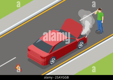 Isometric Car crash, car breakdown. A red car with an open hood, emitting steam, stranded on the roadside. A warning triangle is placed behind, while Stock Vector