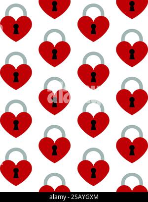 Vector seamless pattern of flat red heart lock isolated on white background Stock Vector