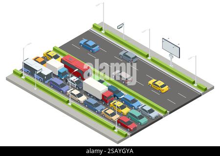 An isometric vector displaying cars, buses, and trucks in a traffic jam. Some vehicles are on the move, while others are stationary. A billboard and Stock Vector