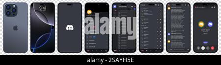 Discord screen in gray Iphone 16 pro. Discord mobile application from Microsoft Corporation on a smartphone. Set social network mockup template on iso Stock Vector