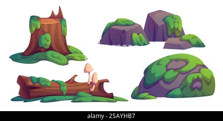 Natural swamp scenery elements - weathered tree stump, broken log and scattered rocks covered in lush moss patches and grass tufts. Forest landscape components - stones and vegetation environment. Stock Vector