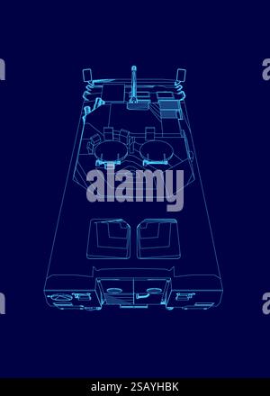 Blue drawing of a vehicle with a blue background. The vehicle is a tank and has a blue design Stock Vector
