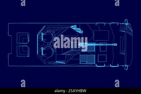 Blue drawing of a tank with a large gun on top. The tank is shown in a stylized way, with the wheels and tires visible. Scene is one of strength and p Stock Vector
