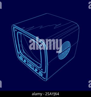 Blue drawing of a television with a black circle on the top right. The circle is a symbol for a remote control. The television is sitting on a table Stock Vector