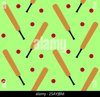 Vector seamless pattern of flat colored cricket bat and ball isolated on green background Stock Vector