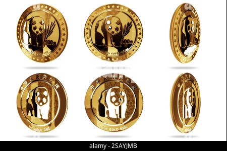 Panda chinese isolated gold coin on green screen background. Abstract concept 3d illustration. Stock Photo