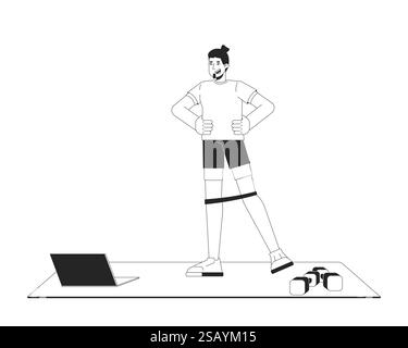 Man doing resistance band exercise on yoga mat with laptop black and white 2D line character Stock Vector