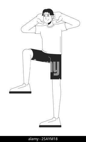 Young adult asian man doing exercise warm-up black and white 2D line character Stock Vector