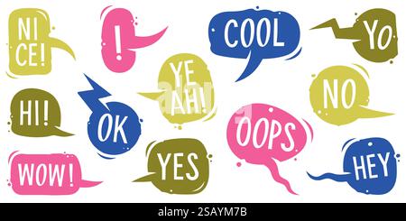 Speak bubble set, hand drawn speech bubble, talk balloon shapes in cartoon style with grunge effect. Chatting box, message box. Banner, badge, price t Stock Vector