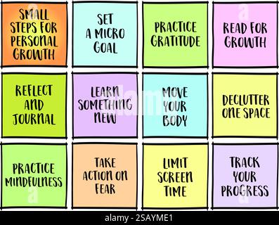 Small steps for personal growth - set of inspirational notes with tips and guidelines. Stock Vector