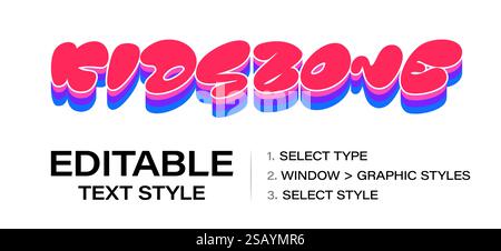 Childhood editable text effect, layered vibrant graphic style template. Customizable tweaking contour style for kids zone, toy and game logo and Stock Vector
