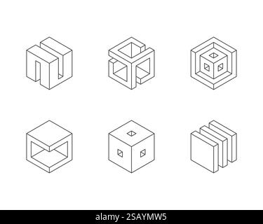 Black and white Cube logo, geometric vector design. Set of box logotype company, trendy technology emblem in isometric 3D style.. Black and white Cube logo, geometric vector design. Set box logotype company, trendy techno emblem in isometric 3D style. Stock Vector