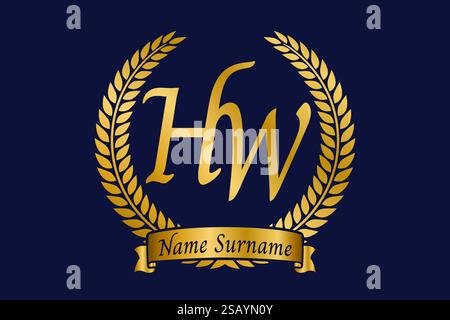 Initial letter H and W, HW monogram logo design with laurel wreath. Luxury golden emblem with calligraphy font. Stock Vector