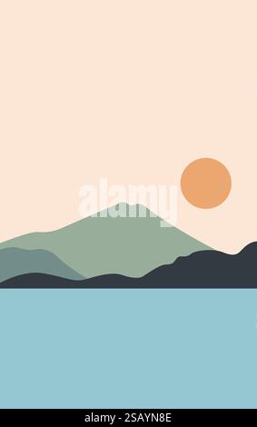 mountain and sea view with sun background vector. mountain art Stock Vector
