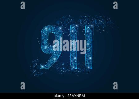 Abstract isolated blue image of The symbolic number 911 nine hundred eleven . Polygonal low poly wireframe illustration looks like stars in the black Stock Vector