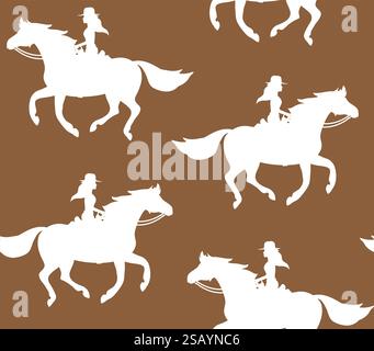 Vector seamless pattern of white western cowboy girl woman riding running horse silhouette isolated on brown background Stock Vector
