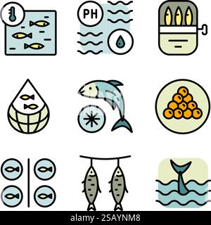 Fish farm icons set. Simple set of fish farm color icons. Vector illustration for mobile concept and web design. Stock Vector