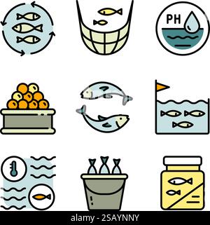 Fish farm icons set. Simple set of fish farm color icons. Vector illustration for mobile concept and web design. Stock Vector