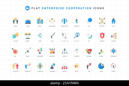 Teamwork and cooperation organization in corporate company, enterprise color icon set. Organizational structure and hierarchy, relationship of department, multichannel flat element vector illustration Stock Vector