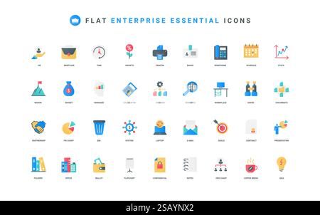 Business process of corporate company, enterprise essential, partnership color icon set. Work of employees with presentation and office documents, statistics research flat elements vector illustration Stock Vector
