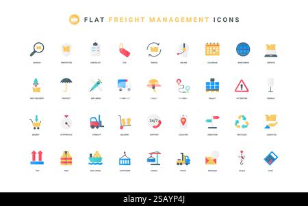 Logistics and storage in warehouse, cargo delivery with freight transport, airmail color icon set. Safety of parcel, airplane and ship, truck and forklift, support flat elements vector illustration Stock Vector