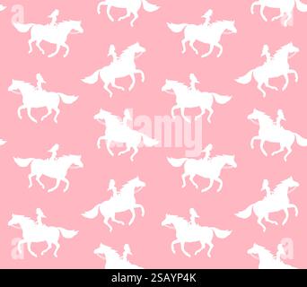 Vector seamless pattern of western cowboy girl woman riding running horse silhouette isolated on pink background Stock Vector
