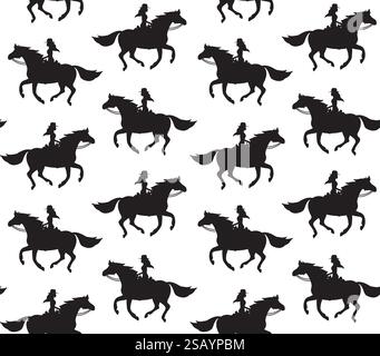 Vector seamless pattern of black western cowboy girl woman riding running horse silhouette isolated on white background Stock Vector