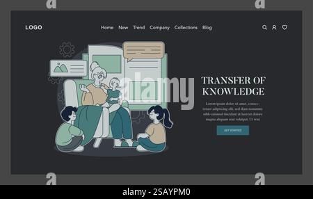 Life Moments concept. A cozy family scene illustrating intergenerational knowledge sharing with digital elements. Comforting home education with technology. Vector illustration. Stock Vector