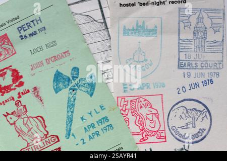 Vintage Rubber Stamps of Youth Hostels, incl Earl's Court, Loch Ness & John O'Groats, Visited in UK in 1978. Youth Hostels Association England & Wales Stock Photo