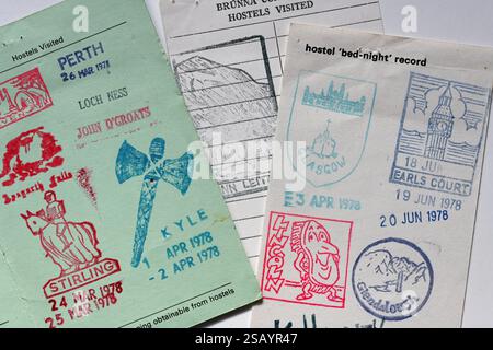 Vintage Rubber Stamps of Youth Hostels, incl Earl's Court, Loch Ness & John O'Groats, Visited in UK in 1978. Youth Hostels Association England & Wales Stock Photo