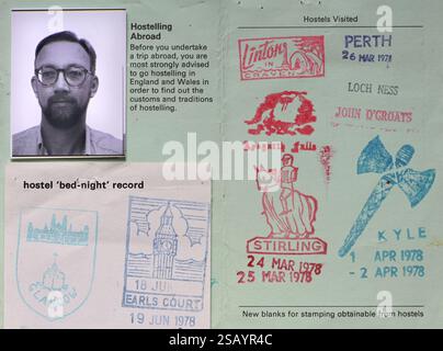 Vintage Youth Hostels Association Membership Card with Rubber Stamps of Youth Hostels Visited in UK in 1978. Stock Photo