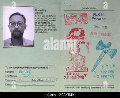 Vintage Youth Hostels Association Membership Card with Rubber Stamps of Youth Hostels Visited in UK in 1978. Stock Photo