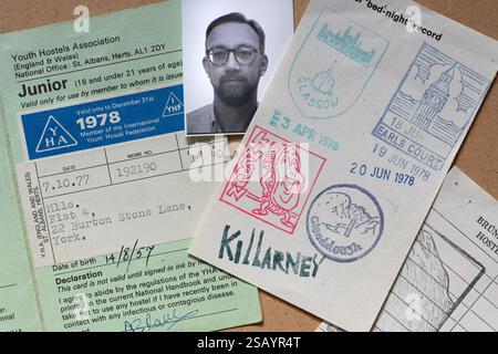 Vintage Junior Youth Hostels Association (YHA) Membership Card with Rubber Stamps of Youth Hostels Visited in UK and Ireland in 1978. Stock Photo