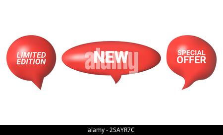 3D speech bubbles different shapes message icon. Text new special offer limited edition. For social media advertising posters. Vector isolated set. Stock Vector