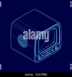 Blue drawing of a television with a screen. The television is turned off. The television is a vintage style Stock Vector